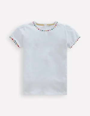 Fashion Boden Ali T-Shirt mit Puffärmeln und Bommelbesatz- Weiß