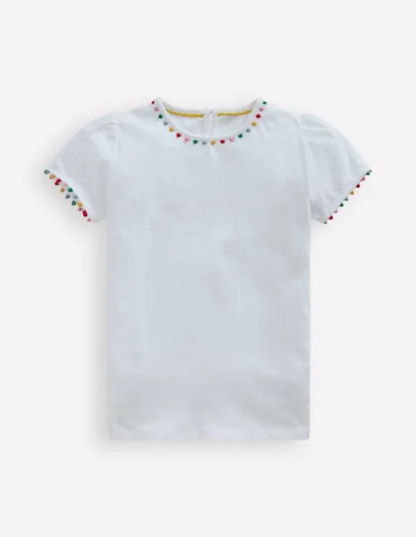 Fashion Boden Ali T-Shirt mit Puffärmeln und Bommelbesatz- Weiß