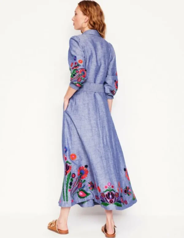 Best Boden Clara Hemdblusenkleid aus Leinenmischgewebe-Blaues Chambray, Stickerei BlauesChambray,Stickerei