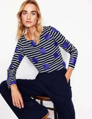 Hot Boden Ella Breton-Shirt mit langen Ärmeln-Marineblau, Naturweiß, Blaue Punkte Marineblau,Naturweiß,BlauePunkte