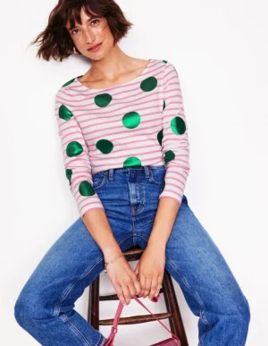 Store Boden Ella Breton-Shirt mit langen Ärmeln-Rosa, Naturweiß, Grüne Punkte Rosa,Naturweiß,GrünePunkte