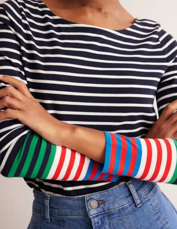 Sale Boden Ella Breton-Shirt mit langen Ärmeln-Französisches Marineblau, Naturweiß Bunte Manschetten FranzösischesMarineblau,NaturweißBunteManschetten