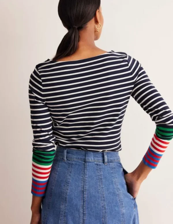 Sale Boden Ella Breton-Shirt mit langen Ärmeln-Französisches Marineblau, Naturweiß Bunte Manschetten FranzösischesMarineblau,NaturweißBunteManschetten