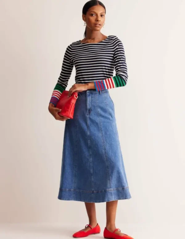 Sale Boden Ella Breton-Shirt mit langen Ärmeln-Französisches Marineblau, Naturweiß Bunte Manschetten FranzösischesMarineblau,NaturweißBunteManschetten