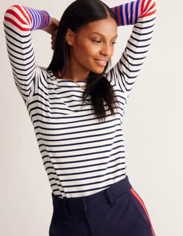 Cheap Boden Ella Breton-Shirt mit langen Ärmeln-Naturweiß, Französisches Marineblau Bunte Manschetten Naturweiß,FranzösischesMarineblauBunteManschetten