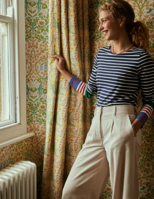 Sale Boden Ella Breton-Shirt mit langen Ärmeln-Französisches Marineblau, Naturweiß Bunte Manschetten FranzösischesMarineblau,NaturweißBunteManschetten