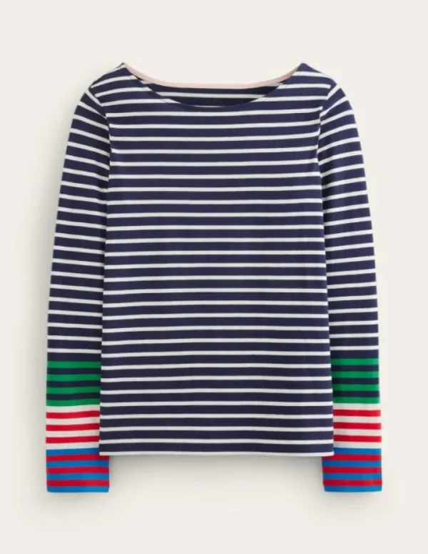 Sale Boden Ella Breton-Shirt mit langen Ärmeln-Französisches Marineblau, Naturweiß Bunte Manschetten FranzösischesMarineblau,NaturweißBunteManschetten