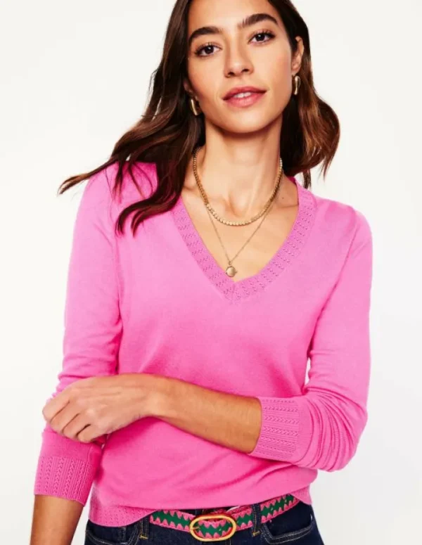 Online Boden Emilia Baumwollpullover mit V-Ausschnitt- Rosa