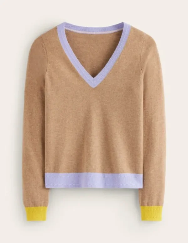 Shop Boden Eva Kaschmirpullover mit V-Ausschnitt-Camel Meliert Blockfarben CamelMeliertBlockfarben