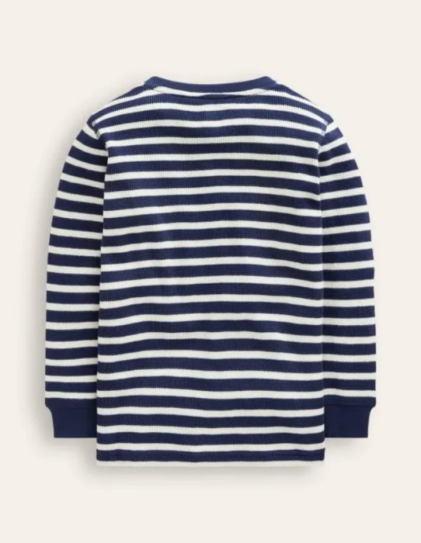 Fashion Boden Henley-T-Shirt mit Waffelmuster-Schuluniform-Marineblau und Naturweiß gestreift Schuluniform-MarineblauundNaturweißgestreift