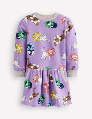 Cheap Boden Kuscheliges, bedrucktes Sweatshirt-Kleid-Aster Lila Blumen Katze AsterLilaBlumenKatze