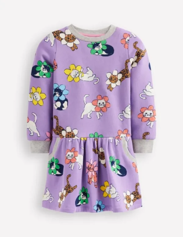 Cheap Boden Kuscheliges, bedrucktes Sweatshirt-Kleid-Aster Lila Blumen Katze AsterLilaBlumenKatze