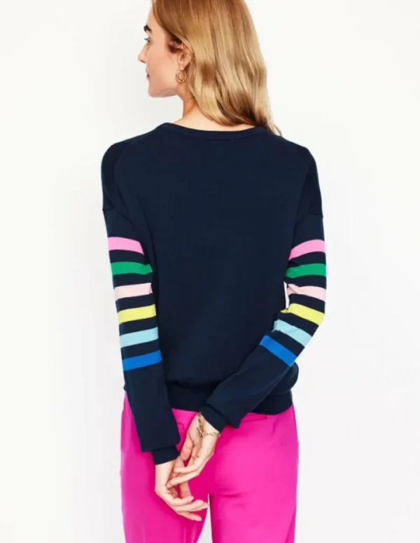 Sale Boden Lara Lockerer Baumwollpullover-Marineblau Regenbogenstreifen an den Ärmeln MarineblauRegenbogenstreifenandenÄrmeln