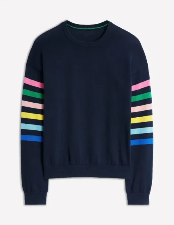 Sale Boden Lara Lockerer Baumwollpullover-Marineblau Regenbogenstreifen an den Ärmeln MarineblauRegenbogenstreifenandenÄrmeln