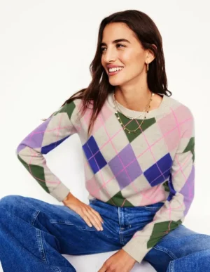 Shop Boden Lydia Kaschmirpullover-Grün und Flieder Bunt Argyle GrünundFliederBuntArgyle