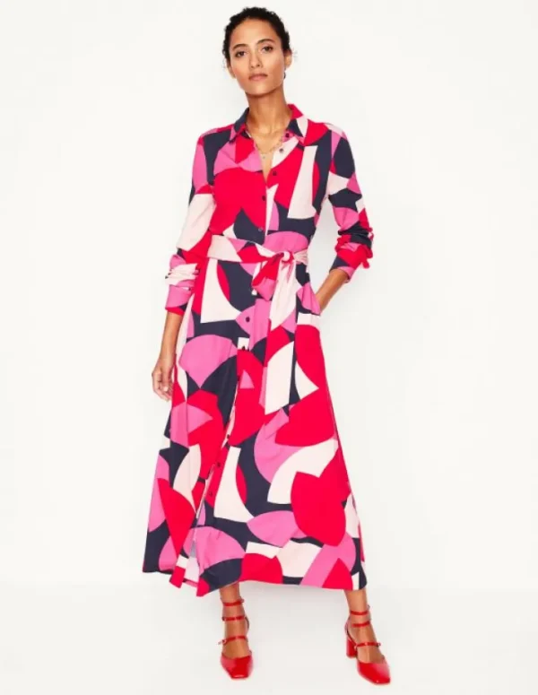 Fashion Boden Marcia Midi-Hemdblusenkleid aus Jersey-Mohnblumenrot, Motiv Geometric Shuffle Mohnblumenrot,MotivGeometricShuffle