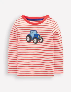 New Boden T-Shirt mit Applikation für Jungen-Weiches Naturweiß und Marmeladenrot Streifen WeichesNaturweißundMarmeladenrotStreifen