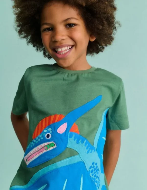 Discount Boden T-Shirt mit Applikation und Reißverschlussdetail-Krötengrün Dinosaurier KrötengrünDinosaurier